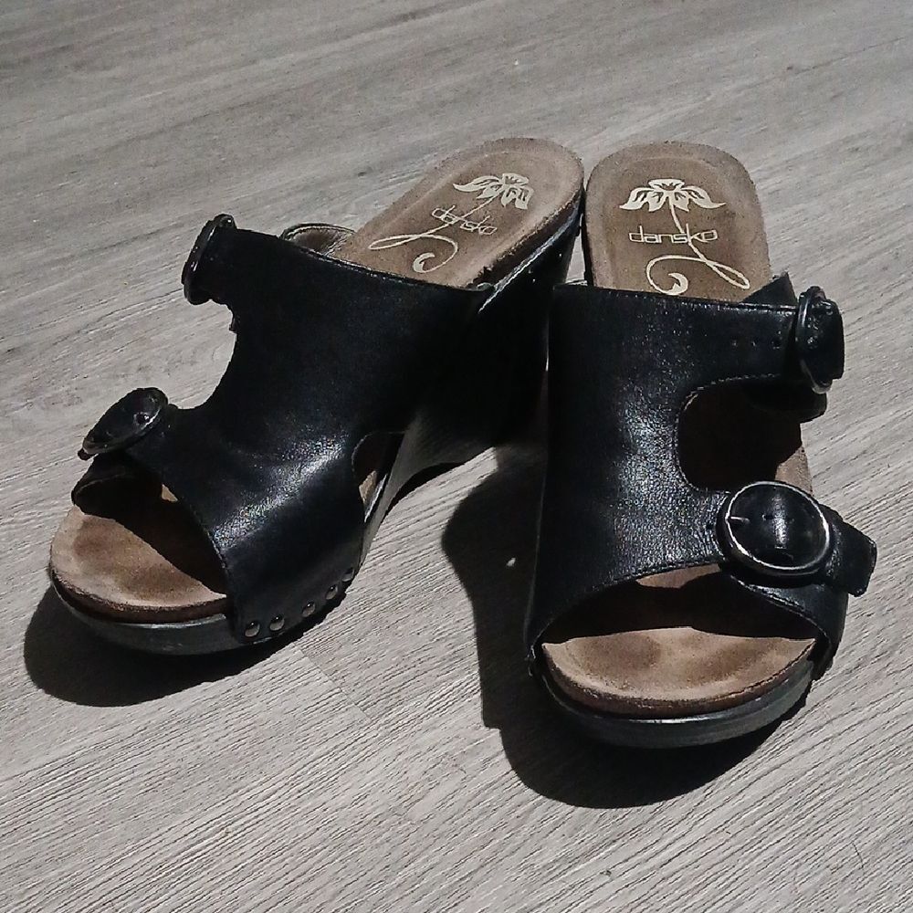 Dansko Black Leather Wedge Sandals